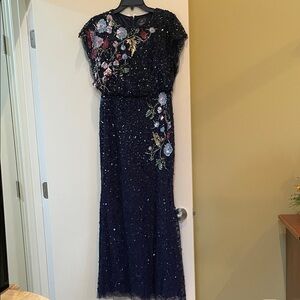 Adrianna Papell Navy Sequin Dress with Floral Details